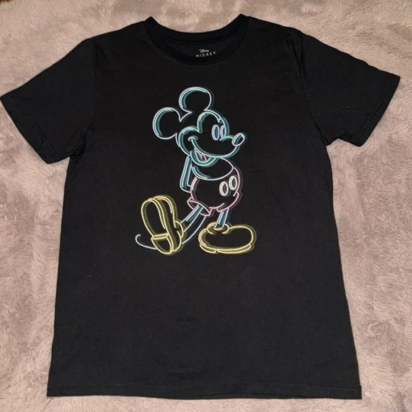 Disney Mickey Mouse black shortsleeve T-shirt mens neon DisneyLand DisneyWorld L - Picture 1 of 6